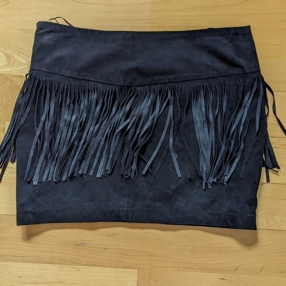 Mango genuine leather fringe mini skirt western style black size 2 T3 - Picture 6 of 8